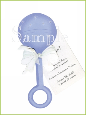 Blue Rattle with ribbon tag and glitter invitation by Stevie Streck